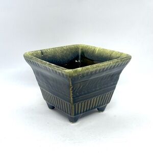Vintage Hull USA #A2 Square Blended Green Drip Glaze Footed Pottery Planter
